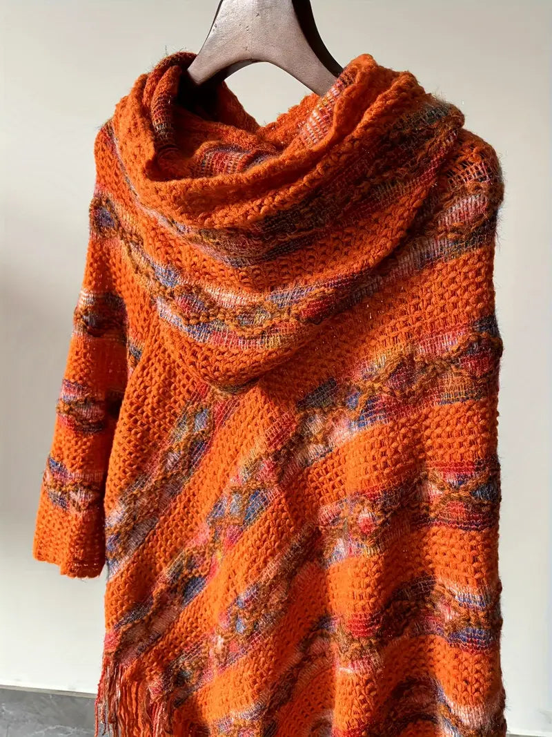 SageWoven Elegant Boho-Chic Hooded Knit Shawl